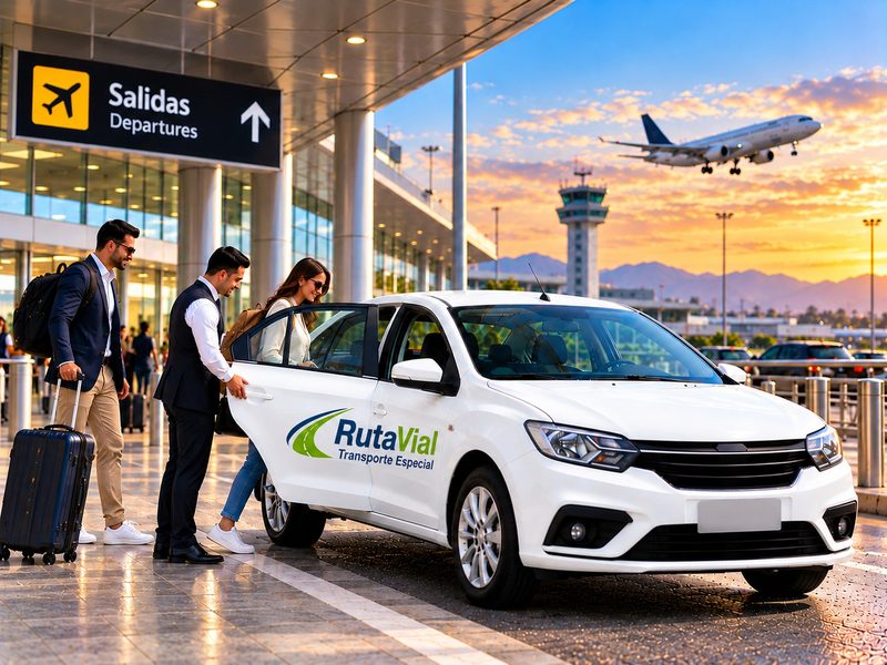 Conductor de RutaVial abre la puerta del carro a una pasajera frente a la zona de salidas de un aeropuerto, al atardecer.