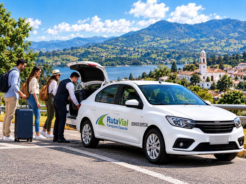 Conductor de RutaVial guarda el equipaje de un grupo de viajeros en una carretera junto a una laguna y un pueblo con iglesia.
