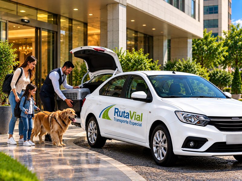 Conductor de RutaVial sube un guacal al maletero mientras una mujer, una niña y su perro esperan junto al carro.